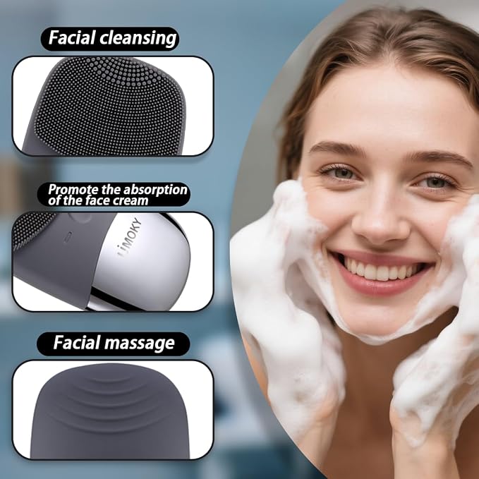 Facial Cleansing Brush, 3-in-1 Electric Silicone Face Scrubber, Vibrating Massager, IPX7 Waterproof, USB Rechargeble Pore Brush for Deep Cleanning, Blackhead Remover, Exfoliating (Gray)