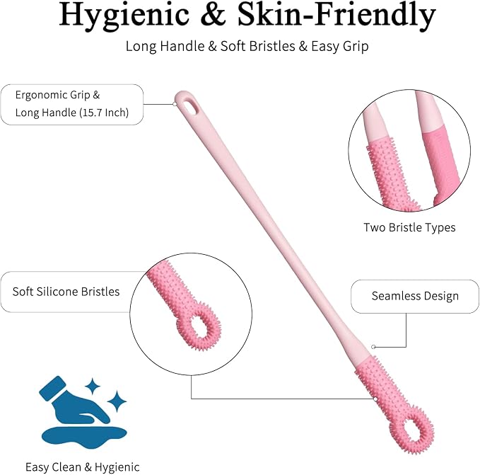 2 Pack Toe Cleaning Brush with 15.7" Long Handle, Silicone Foot Scrubber & Exfoliating Anti-Itch Brush for Bath & Feet, No-Bend Long Reach Feet Cleaner for Seniors & Daily Living (Pink)