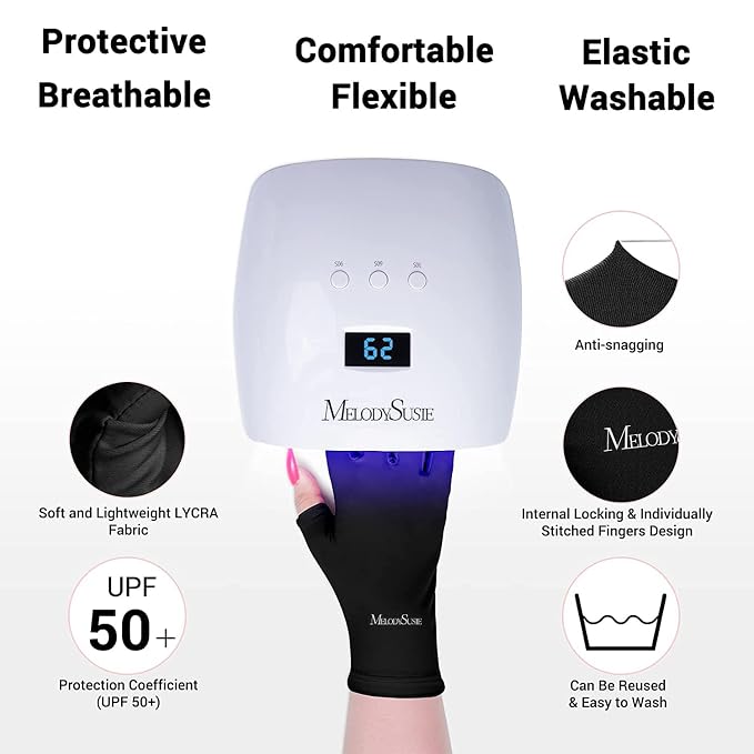 MelodySusie Premium Fingerless Protection UV Gloves for Gel Manicures | UPF50+ UV Blocking Fabric, Protect Hands from Sun and Nail Dryer Harm,Unisex for Salon & Home Gel Manicure,Black