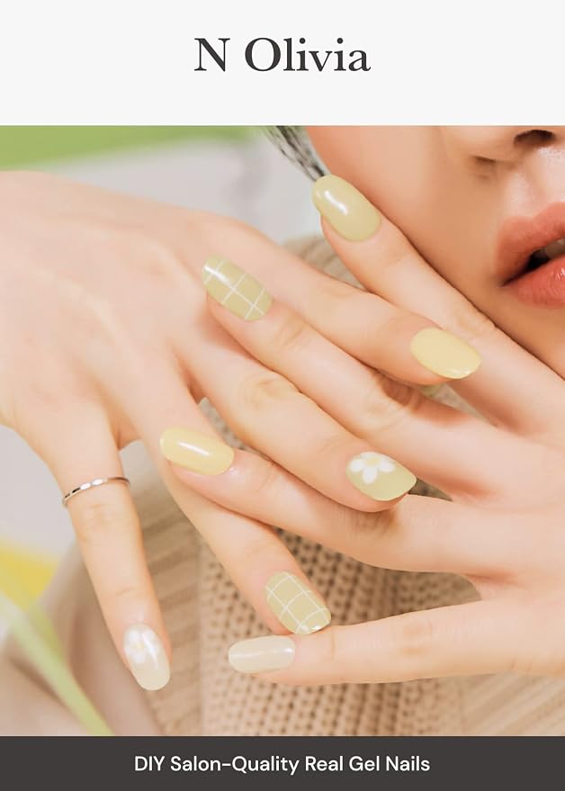 ohora Semi Cured Gel Nail Strips (N Olivia) - Green, Patterned, Works with Any UV/LED Lamps, Salon-Quality, Long Lasting, Easy to Apply & Remove