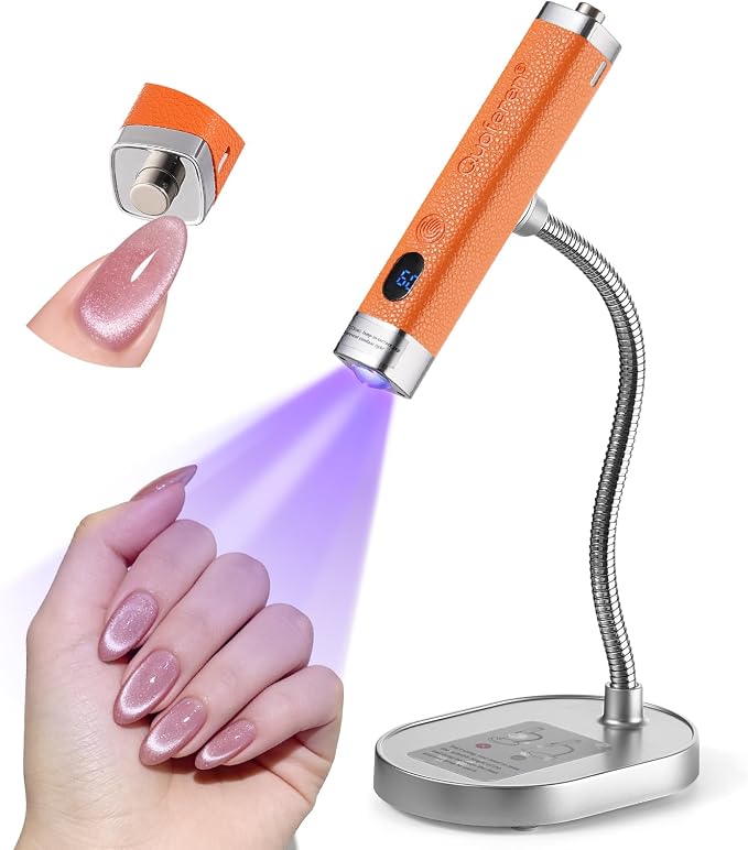 Mini Flash Cure Handheld UV Nail Lamp with Stand, Cat Eye Magnet(Orange) | Auto Sensor, 365+405nm for Gelx, Nail Tips, Glue, Rhinestone, Hands-Free, Cordless, Type-C Charging for Home Salon