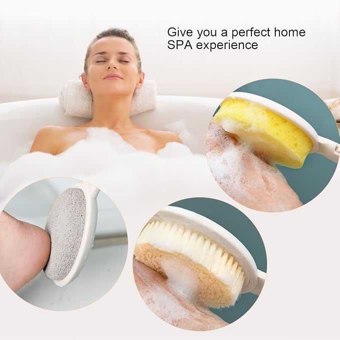 LFJ 19" Long Handle Shower Sponge Brush Set | 3 in 1 Body Brush, Bath Sponge and Lotion Applicator Improved Skin Health, Suitable for Men and Women, Foldable