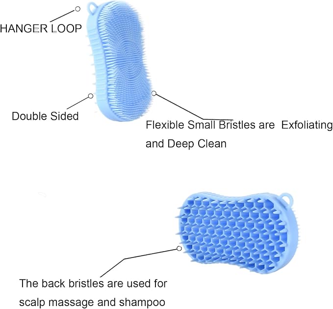 Silicone Body Scrubber, Double Sided Exfoliating Brush with Soft Flexible Bristles, Scalp Massage and Shampoo Tool with Hanger Loop, (Blue)