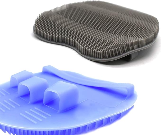 2 Pack Soft Silicone Body Scrubber, Shower Brush Exfoliating Skin Massage | Body Wash Dry Skin Brushing Glove Loofah, Fit for Sensitive and All Kinds of Skin(Gray+purple)