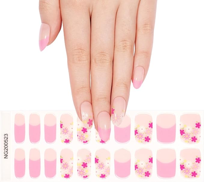 Flower Semi Cured Gel Nail Strips - 20Pcs Pink French UV Gel Nail Wraps with Colorful Floral Design, Long Lasting Salon-Quality Stickers, Includes Nails File & Wooden Stick - UV/LED Lamp Required