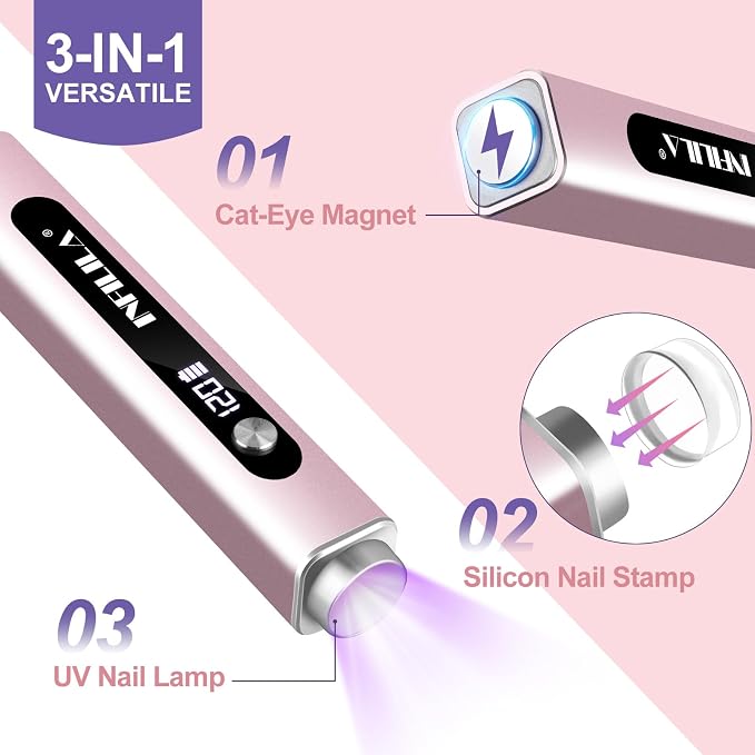 NXJ INFILILA Multi-Functional Handheld UV Light Lamp for Gel Nails with Cat Eye Magnet - Portable Flash Cure Nail Lamp for French Manicures, Detail Work, Type-C Cordless for Travel & Home Use (Pink)