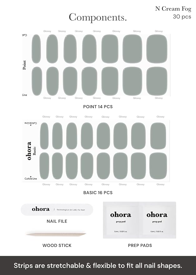 ohora Semi Cured Gel Nail Strips (N Cream Fog) - Green, Solid, Works with Any UV/LED Lamps, Salon-Quality, Long Lasting, Easy to Apply & Remove - Includes 2 Prep Pads, Nail File & Wooden Stick
