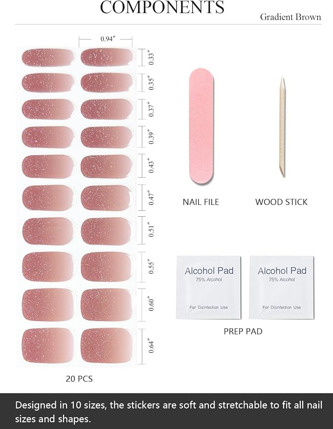Semi Cured Gel Nail Strips (Gradient Brown), Glitter, 20 Pcs Gel Nail Wraps, Stickers, Salon Quality, Sun-Cured or UV-Cured