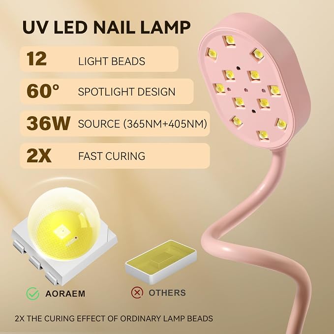 AORAEM UV Nail Lamp, Gooseneck Mini UV Light for Gel Nails | Rechargeable LED Flash Cure Lamps with 4 Timer & Auto Sensor, Quick Dry Professional Nail Dryer for Salon Home DIY Use, Pink