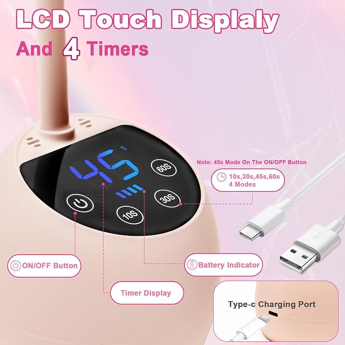 CGBE UV LED Nail Lamp, 36W Mini Cordless Flash Cure Nail Lamp for Gel Nails | USB Rechargeable UV Nail Light with 4 Timers & Auto Sensor, Gooseneck Portable Gel X Lamp for Salon Home DIY Use, Pink