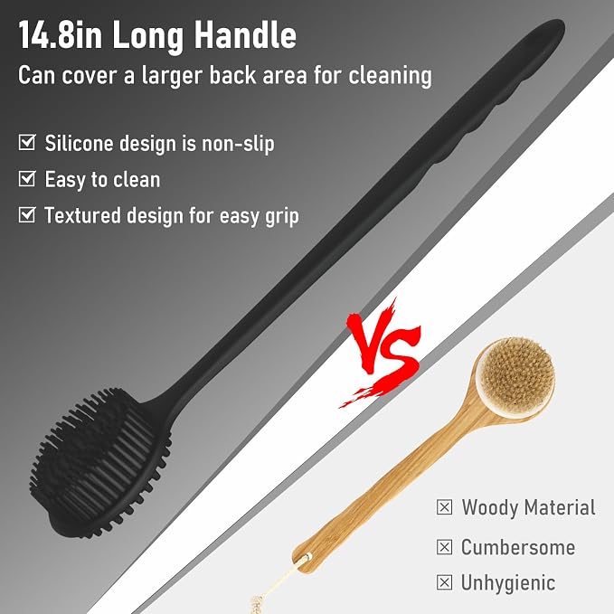 KXF Silicone Back Scrubber for Shower Bath Body Brush with Long Handle Double Sided Exfoliating Shower Brush with a Hook and a Lanyard