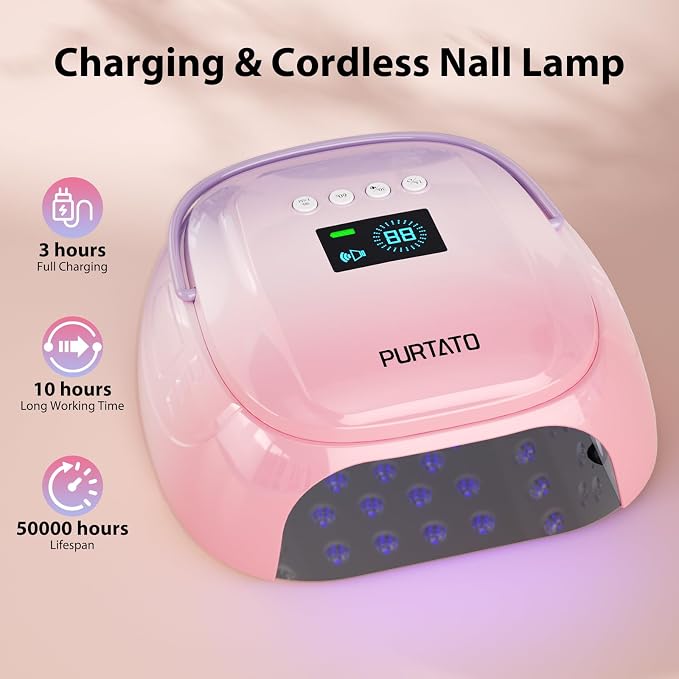 Purtato Cordless Rechargeable UV Nail Lamp, UV Light for Gel Nails with 4 Timer Settings, 126W Professional Fast Curing Nail Dryer for Gel Polish for Salon or Home (Purple&Pink)