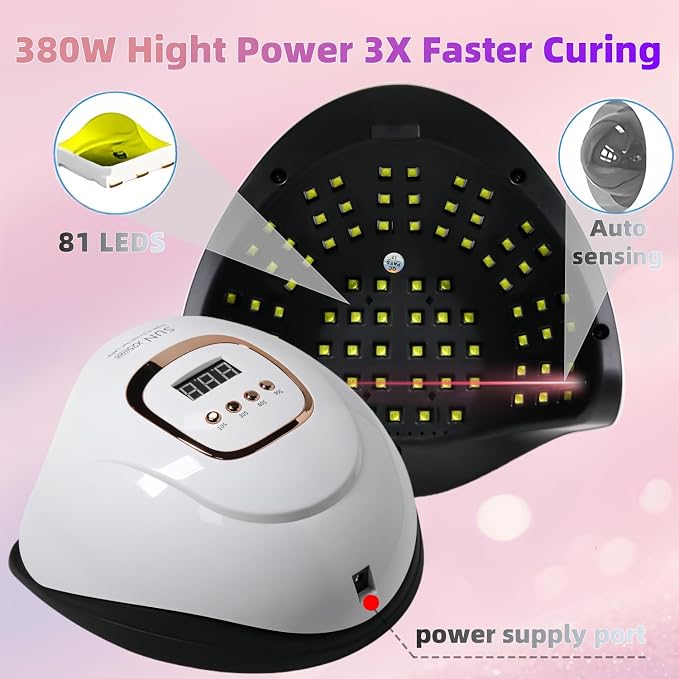 UV LED Nail Lamp with 81 Beads, 380W Nail Curing Lamps for Gel Polish with Automatic Sensor/4 Timer Setting,Led Nail Dryer, Professional Nail Art Drying Tools for Fingernail and Toenail