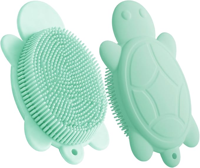 Baby Shower Brush,Kids Silicone Body and Back Exfoliating Mitt - Soft Bristles, Gentle Exfoliation, Cute Turtle Design Makes Children Love Bathing(Mint)
