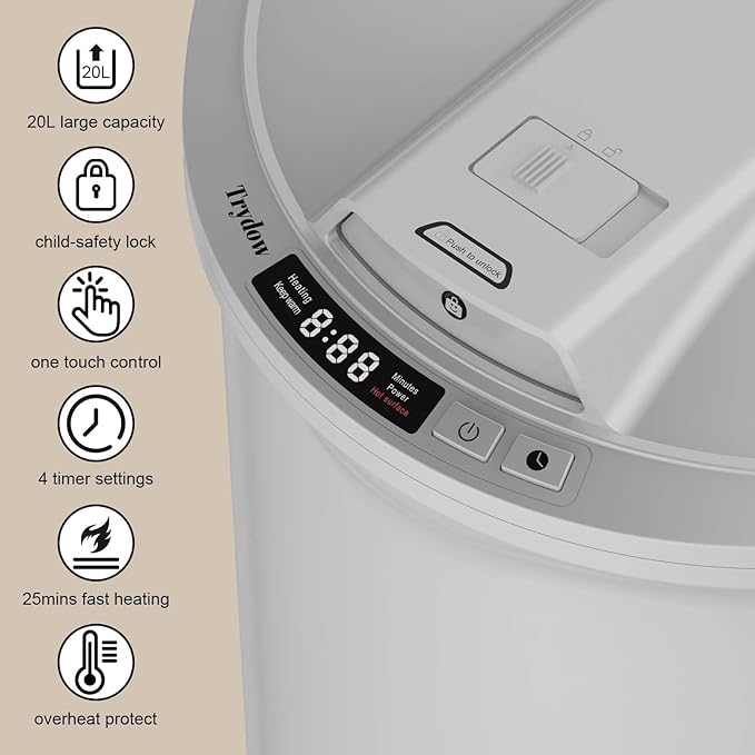 Trydow Ultra Large Capacity Towel Warmer Bucket, Rapid Heating with Timer, One-Button Digital Display Control, Safety Lock, Gifts for Him & Her, Auto Shut-Off, Fits 2 Large, Blanket, Bathrobe, Gray