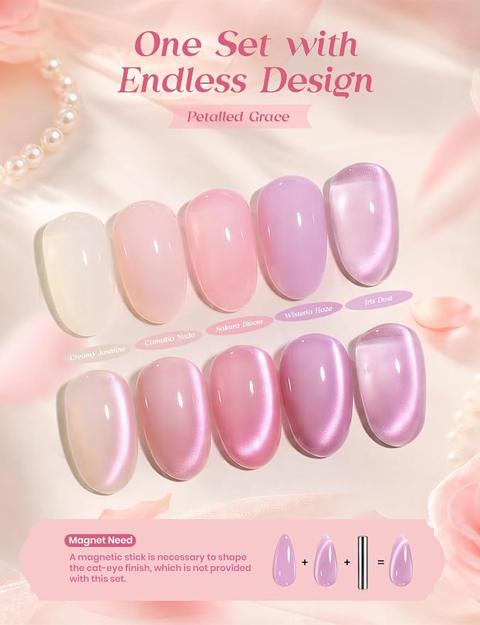 Beetles Petalled Grace Gel Nail Polish Kit, 4 Sheer Colors and 1 Cat Eye | Milky Nude Pink Purple Cat Eye Gel Nail Set Soak Off UV with Magnetic Shimmer, Nail Art Brushes, Cuticle Oil and Gift Box