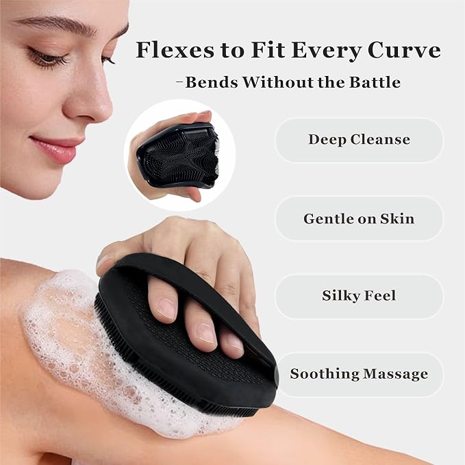 Silicone Body Scrubber & Face Scrubber Set, Shower Scrubber with Soft Bristles, Non-Slip Scrubbies for Body, Face Scrubber Exfoliator for Sensitive Skin(Black+Black)
