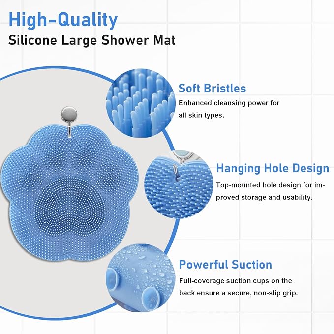 Foot Scrubber Mat Large Size, 12"-12" Shower Foot Scrubber No-Slip Suction Cups, Wall Mounted Back Scrubber for Shower with Hole