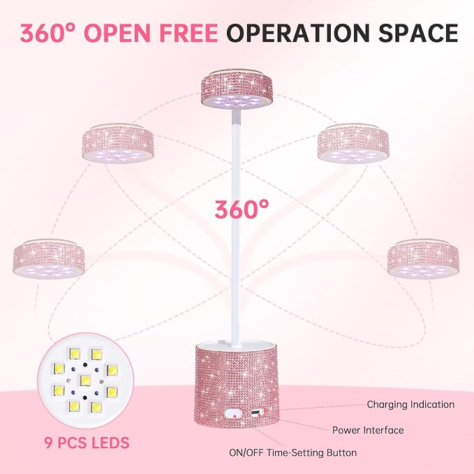 Flash Cure Nail Lamp, UV Nail Lamp for Gel Nails, Cordless Auto Sensor | 27W | Type-C | 1500mAh | Rhinestone | Mini Size | Easy to Carry | DIY Manicure | Pink Diamond