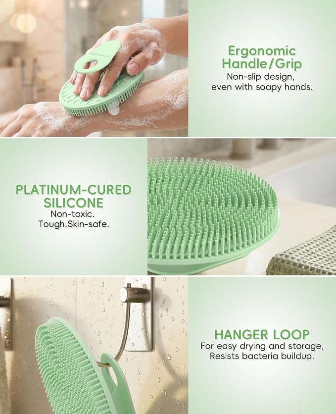2 Pack Soft Silicone Body Scrubber, Exfoliating Skin Massage Shower Brush | Body Wash Bath Dry Skin Brushing Glove Loofah, Fit for Sensitive and All Kinds of Skin(Mint+Blue)