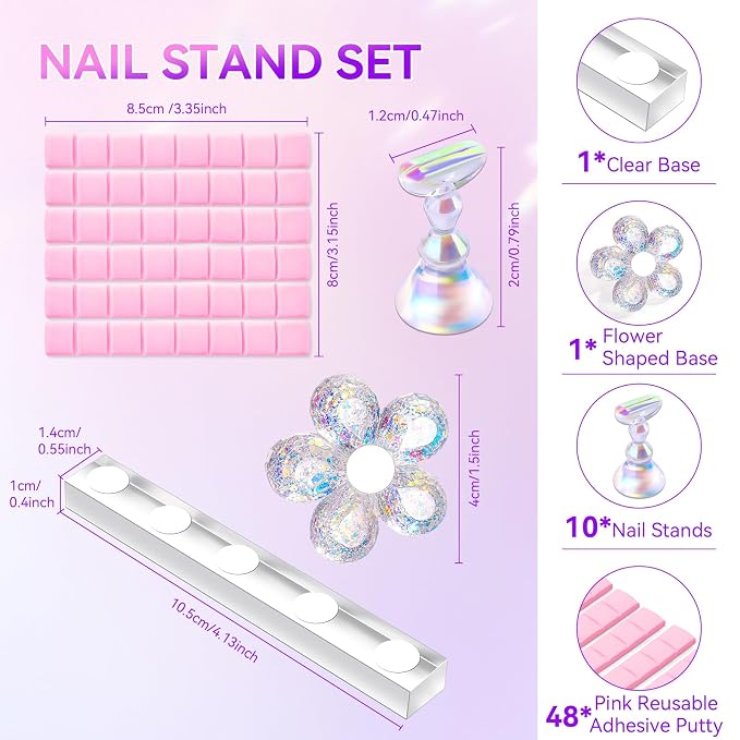 Makartt Press on Nails Stand: Clear and Pink Nail Holder for Painting Nails, Stands for Art Display Practice, Magnetic Clear Glitter Flower Fake Holders with Reusable Adhesive Putty for Home Salon DIY