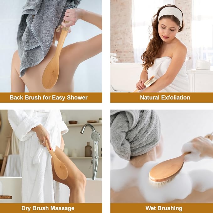 16.5 Inches Back Scrubber for Shower with Curved Long Handle,Wet&Dry Brushing Body Brush,Natural Bristles,Back Scrubber Bath Tool for Men & Women