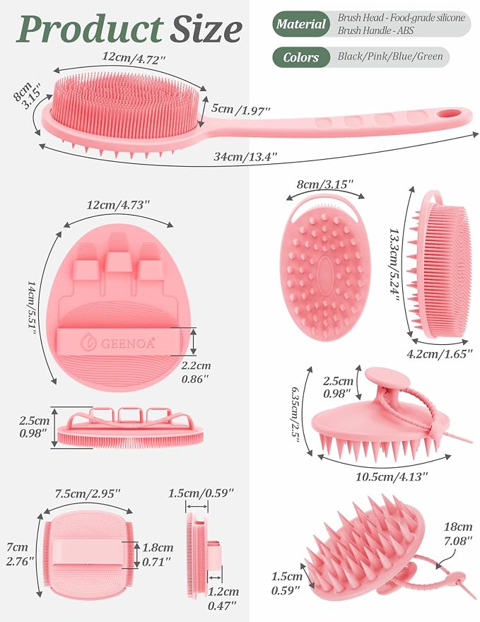 Silicone Back/Body/Face Scrubber & Scalp Massager Set 5PCS, 13.4'' Soft Back Scrubber, 360° Anti-Slip Bath Glove, Unique Side-bristled Face Scrubber, Shampoo Brush for All-Round Cleaning(Pink)