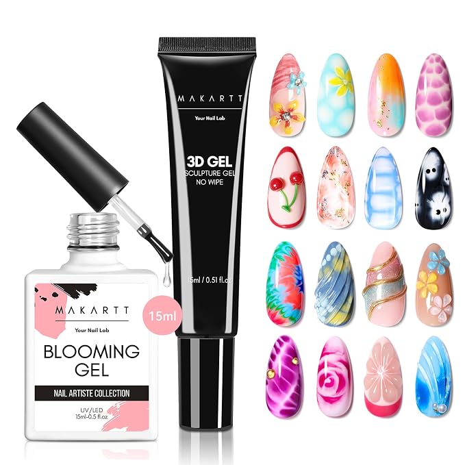 Makartt Blooming Gel & 3D Gel Nail Art Kit for DIY Nail Art Clear | Watercolor Marble Spreading Effect & 3D Drawing Molding Sculpture Gems and Decoration, UV LED Soak Off 15ml