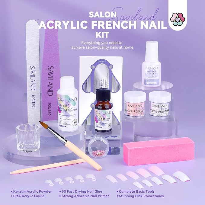 SAVILAND Acrylic Nail Kit, Keratin Acrylic Powder with French Tips | Complete tools everything for beginners, castor oil nail primer glue french tips rhinestones, DIY home salon