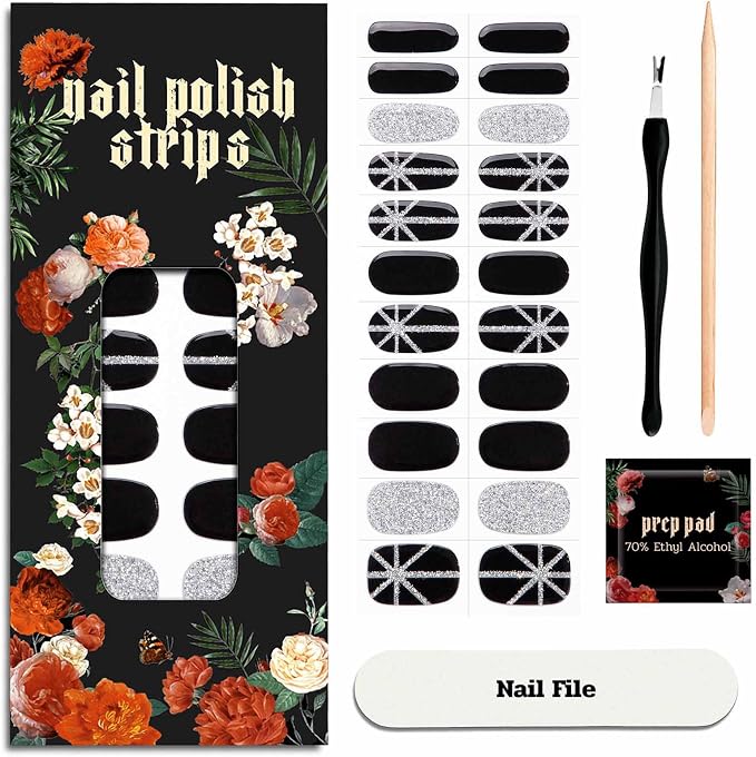 Nail Polish Strips - No UV Lamp Needed (Saint Black Glitter) | 22 Pcs Salon Quality Gel Nail Stickers - Long Lasting Wraps Easy Application and Removal