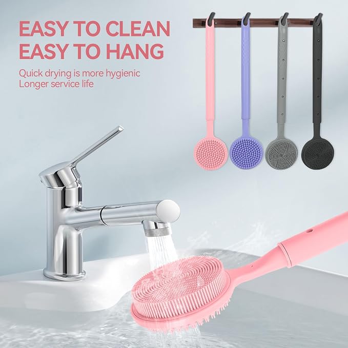 Back Scrubber for Shower, (16-24 Inch) Extendable Bath Brush Long Handle for Shower, Silicone Body Scrubber with Handle, Back Brush for Shower Men and Women,Easy to Clean (Pink)