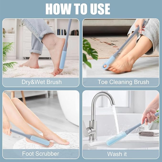 Foot Scrubber for Shower - 2 Pack Long Handle Toe Cleaning Brush with Replaceable Silicone Toe Scrubber Head for Seniors, Elderly, Disabled Men and Women - Blue