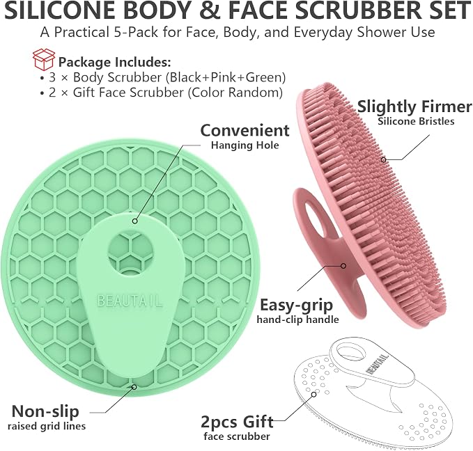 Silicone Body & Face Scrubber Set 5 Pack, BEAUTAIL Gentle Shower Scrubber | Hygienic Silicone Loofah, Easy-Grip Handle, Soft Exfoliating Bath Brush for Sensitive Skin, Women & Men (Black+Pink+Green)