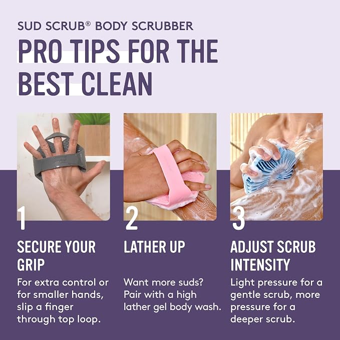 Sud Scrub® Antimicrobial Silicone Body Scrubber, Exfoliating Body Brush for Sensitive Skin, Antibacterial Shower Scrubber for Body, Bathroom Essentials for Men & Women, Purple