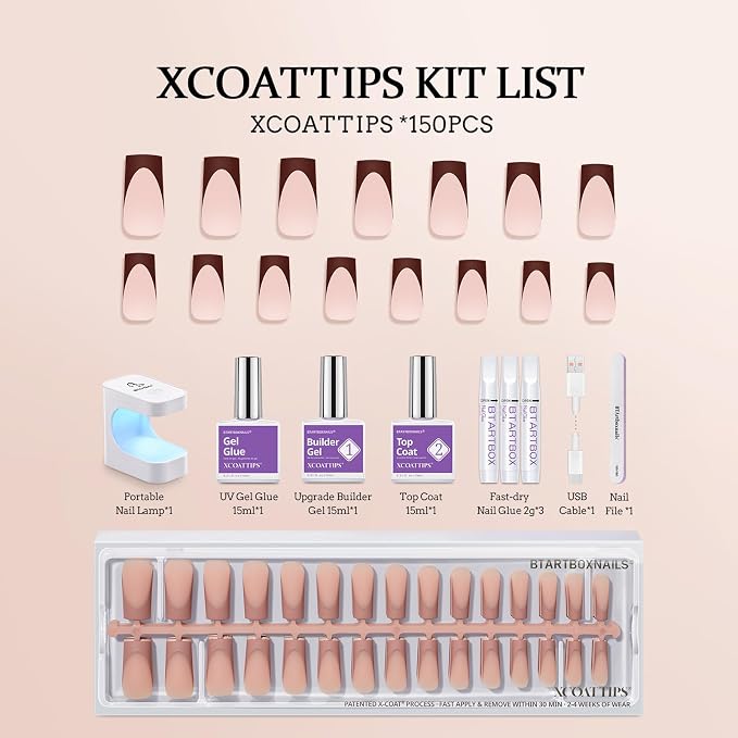 BTArtboxnails XCOATTIPS SkinTone French Tip Press On Nails Kit, L Square | Lamp-Curable, 4-Week Wear, Salon Quality Value at Home, 150 Nail Tips, Glue, Builder Gel, Top Coat, Nail Lamp, All-in-one Kit