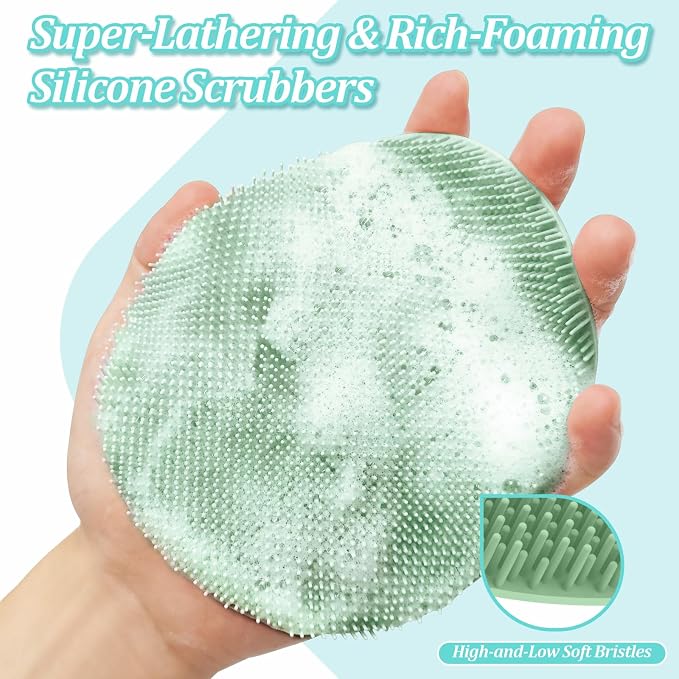 New Silicone Body Scrubber 4PCS, 360° Anti-Slip & Enlarged Exfoliating Bath Glove for Rich Foaming Deep Cleaning, Revolutionary No-Grip & Hand-fit Shower Scrubber for All Skin Types.(4-Color)