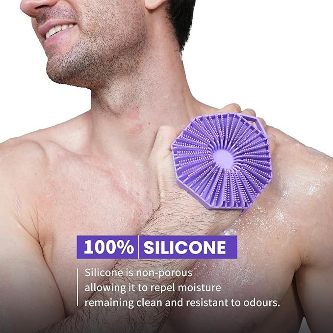 iTokGoK® Premium Silver-Infused Dual-Sided Design 2-in-1 Silicone Body Scrubber for Shower,Body Brush Buffer Scrubber for Men and Women for All Skin, Ergonomic No-Slip Handle, Easy to Clean - (Purple)