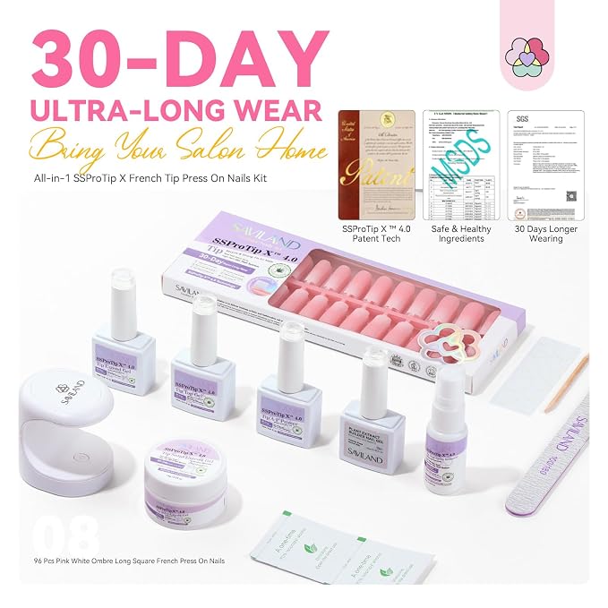 SAVILAND Press On Nails for Women: With Builder Gel for Nails 16 Sizes Long Square French Tip Gel Nail Kit Pink White Ombre U V Nail Glue and Remover Gels Lamp Top Coat and Primer Kit