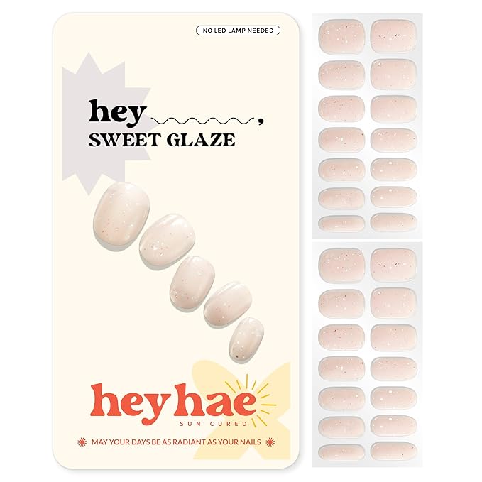 Heyhae Semi Cured Gel Nail Strips Salon Quality - Hey, Sweet Glaze | No UV Light Needed | Salon Quality, Easy Apply & Remove | 28 Strips, 1 Prep Pad, Nail File, Wooden Stick | Pink Beige