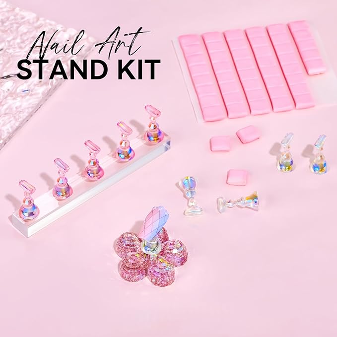 Makartt Nail Stand Kit: Magnetic Nail Holder for Press-On Nail Art Painting | Fake Nail Display Holder, Portable for Home DIY Beginner Salon Supplies, Reusable Putty Included, Aurora Pink & Clear Holders