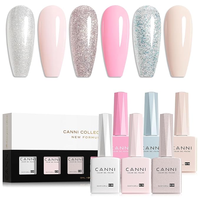 CANNI 9ML Gel Nail Polish Set, 6 Shimmer Nude Shades UV LED Soak Off Gel | Smooth Application • Highly Pigmented • Glossy Finish • Long-Lasting Wear • Nail Art • Salon DIY Manicure • Easy Application