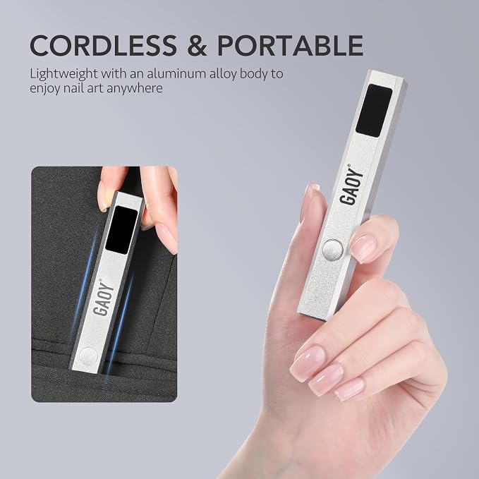 GAOY Handheld UV Light for Gel Nails with Stand, Cordless Nail Lamp, Silver | Rechargeable, LCD Display, USB, Nail Dryer, Fast Curing, Nail Fix, Travel, DIY at Home Salon, Gift for Women, Manicurist