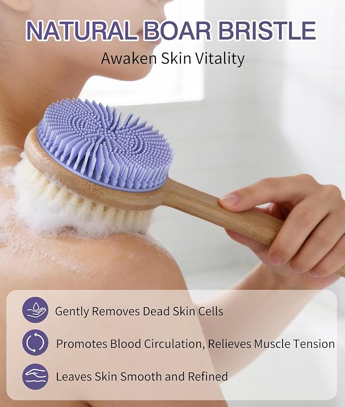 Back Scrubber for Shower - Double-Sided Silicone and Super-Dense Bristles for Deep Cleaning & Exfoliation, Bamboo Long Handle with Wider Anti-Slip Grip, Rich Foam, Durable (Purple)