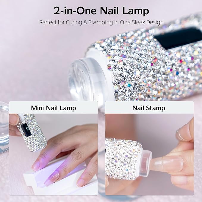 Handheld UV Light with Sparkly Rhinestones White | Portable LED Nail Lamp, Wireless USB Nail Dryer with Silicone Stamper Display Screen for Fast Curing Home DIY Manicure