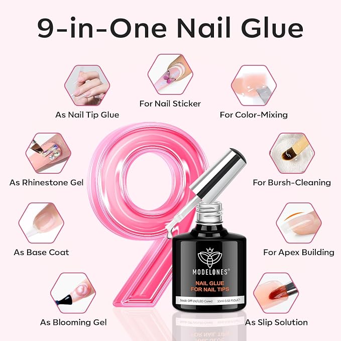 modelones X Nail Gel Kit Kit Short Square, 9-in-One Nail Glue UV Light | 216Pcs 12Sizes Pre-Etched Press ons Fake Acrylic Extension Kit