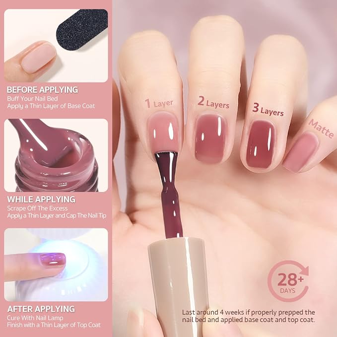 GAOY Rose Garden Jelly Gel Nail Polish Set, 6 Colors Nude Red Pink Brown | Natural Nails, Buildable Color, UV Lamp Required, Long Lasting, Easy to Apply, Salon Manicure at Home, Gift for Women