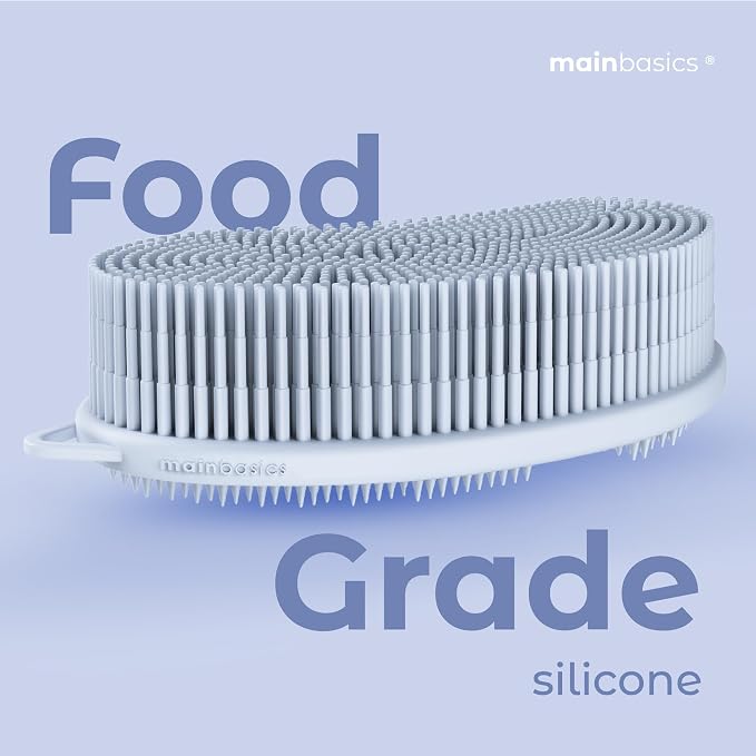MainBasics Silicone Body Scrubber Dual-Sided, Frosted Sky, Exfoliate | Shower Exfoliator for Men & Women, Gentle Silicone Loofah Alternative for Deep Clean