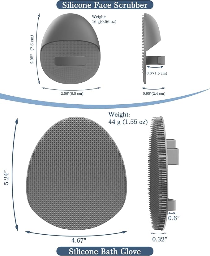Manmihealth Silicone Body Scrubber & Face Brush Set Thick Bristles Gray | 3PCS Super-Exfoliating & Lathering Back Scrubber, Shower Brush, Face Scrubber Combination, with a Free Hook
