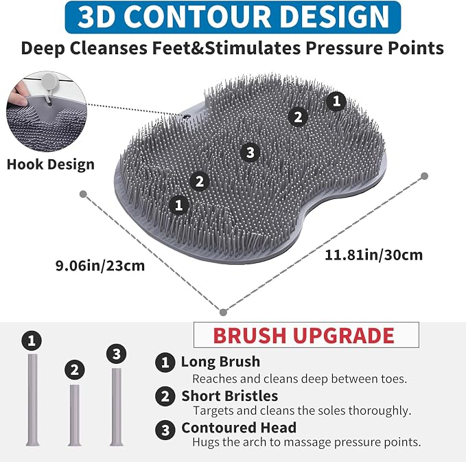 Shower Foot Scrubber Mat with 3 Types of Upgraded Brushes for Massage, Shower Back Scrubber with Micro Suction Cups,Back Washer,Shower Scrubber for Body at Home Spa (Gray)