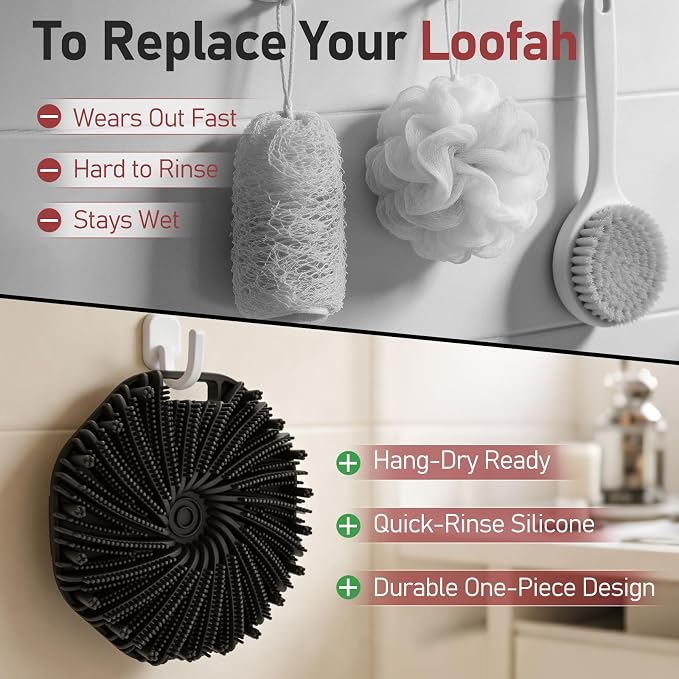 Back Scrubber for Shower for Men 2 Pack, Silicone Body Scrubber with Long Handle, Detachable Body Wash Scrubber Shower Scrub Brush - Lathering Bristles Deep Clean Exfoliator Women Mens Black